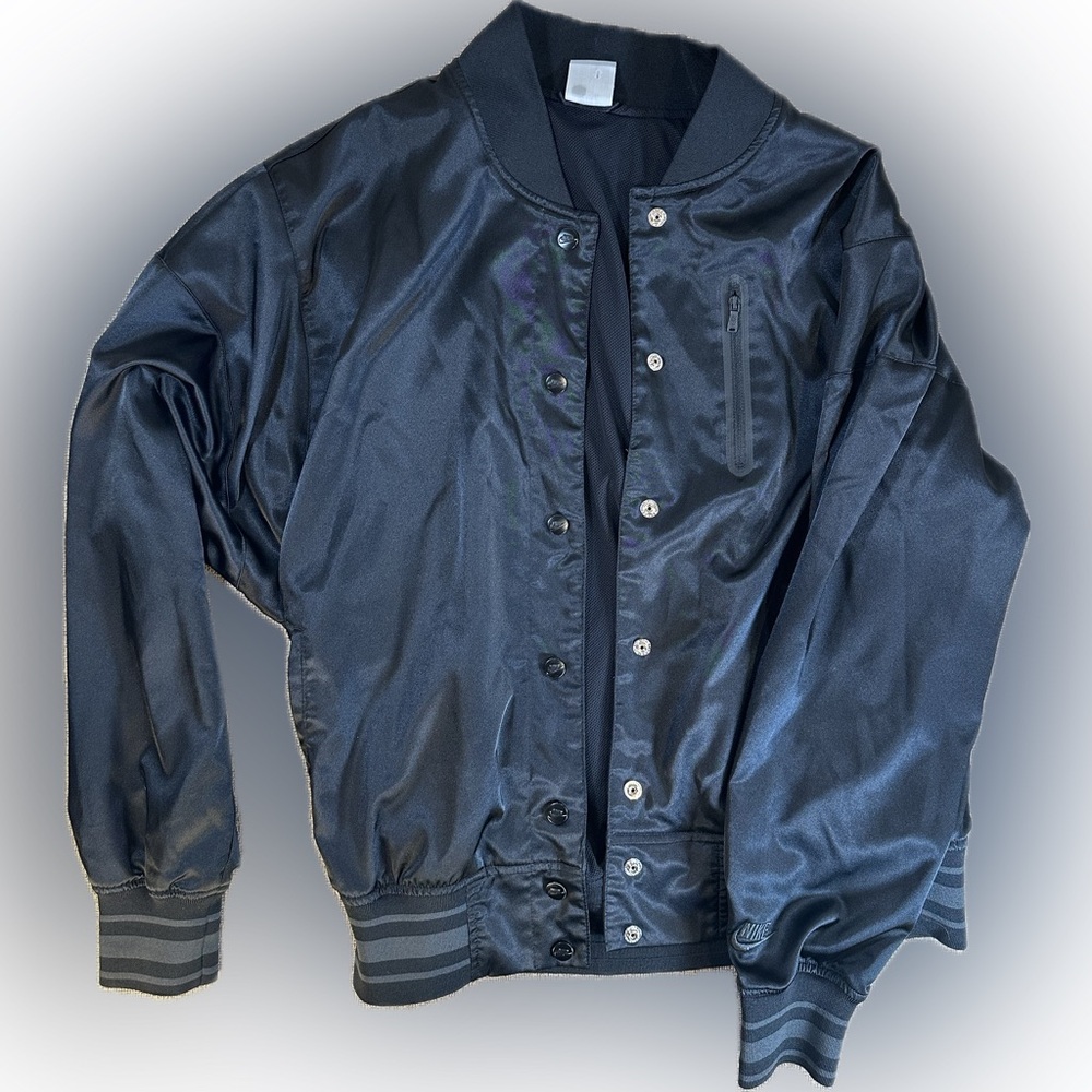 Nike sportswear Satin Bomber Jacket All Black Mens Large L shiny varsity coat